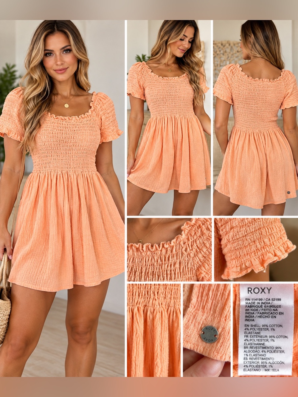 Roxy Peach Smocked Short Sleeve Mini Dress